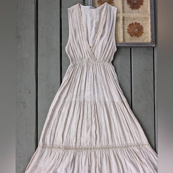 Elena Baldi Beige Linen Embroidered V-Neck Tiered Sleeveless Midi Dress Size M - Picture 5 of 7